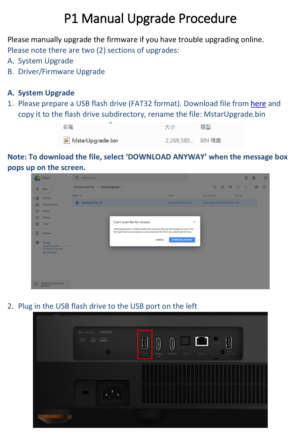 Optoma p1 upgrade procedure pdf download manualslib