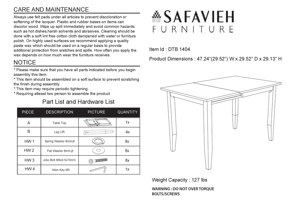 SAFAVIEH FURNITURE MILIANO DTB 1404 ASSEMBLY INSTRUCTIONS Pdf Download