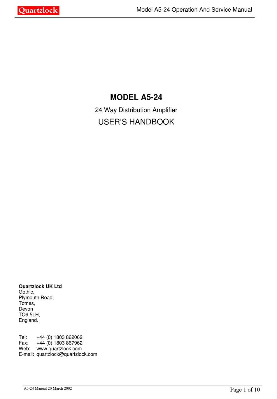 QUARTZLOCK A524 OPERATION AND SERVICE MANUAL Pdf Download ManualsLib