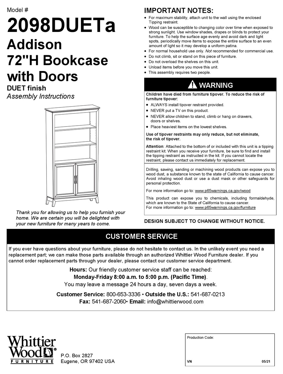 WHITTIER WOOD FURNITURE ADDISON 2098DUETA ASSEMBLY INSTRUCTIONS MANUAL Pdf Download ManualsLib