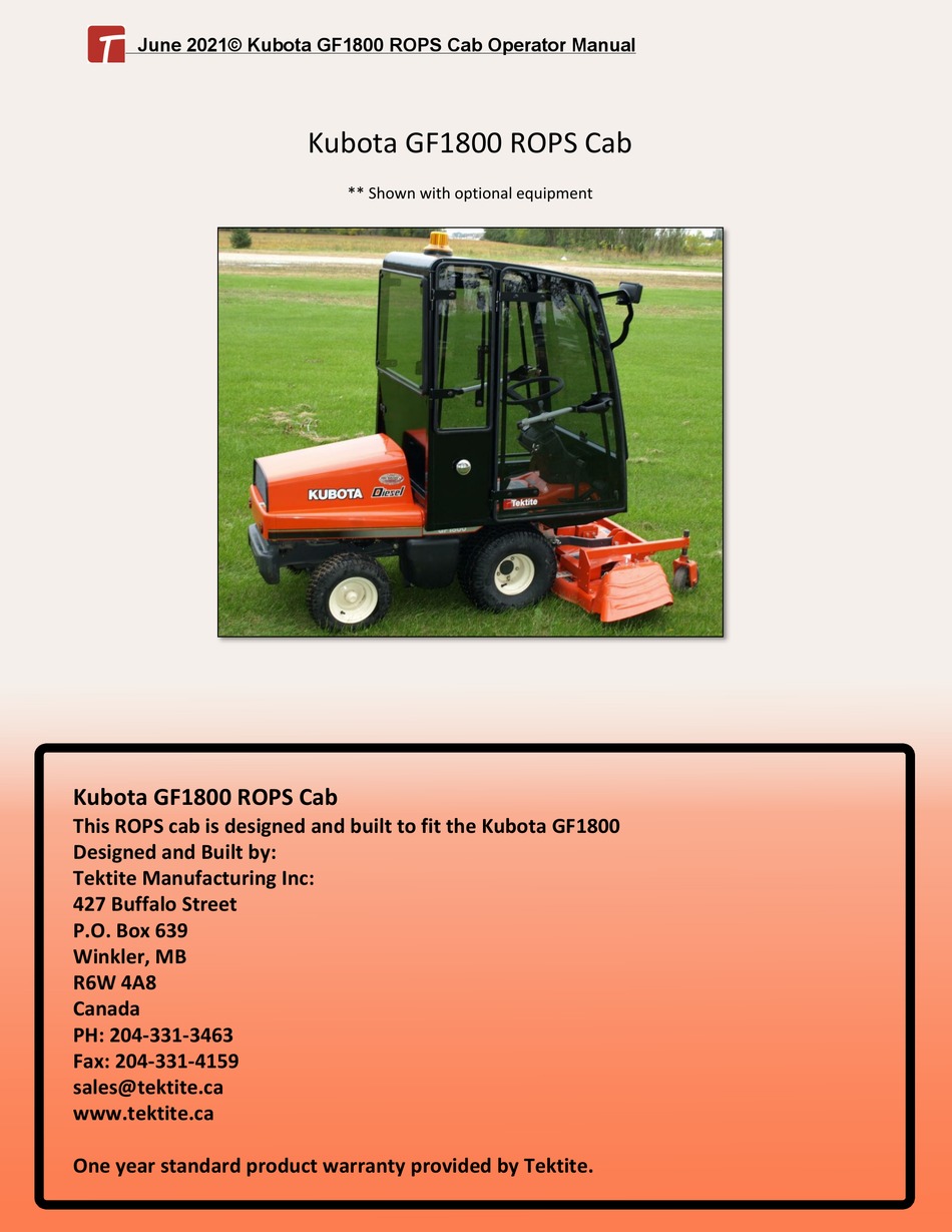 KUBOTA GF1800 ROPS CAB MANUAL Pdf Download ManualsLib