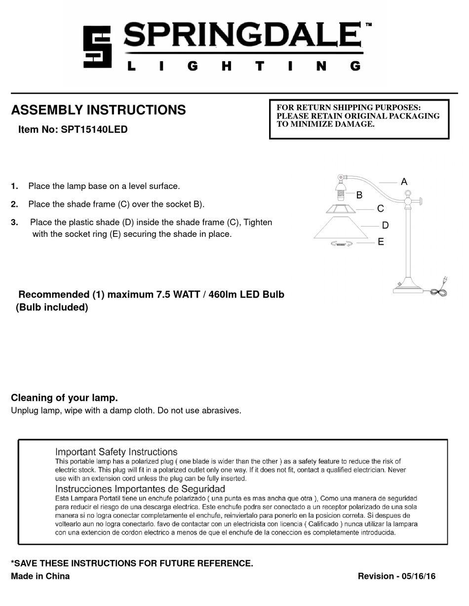 SPRINGDALE LIGHTING SPT15140LED ASSEMBLY INSTRUCTIONS Pdf Download