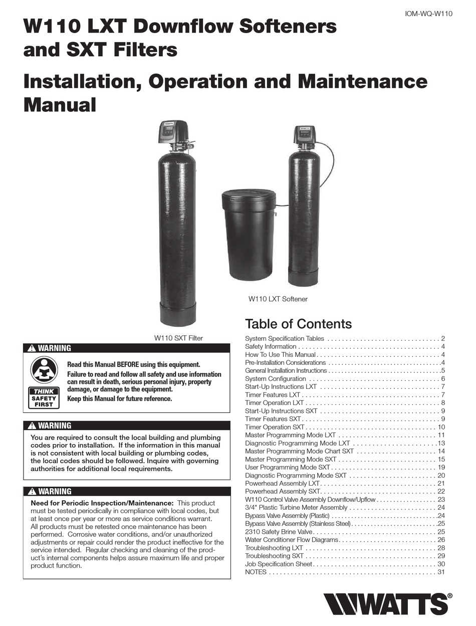 WATTS W110 LXT INSTALLATION, OPERATION AND MAINTENANCE MANUAL Pdf ...