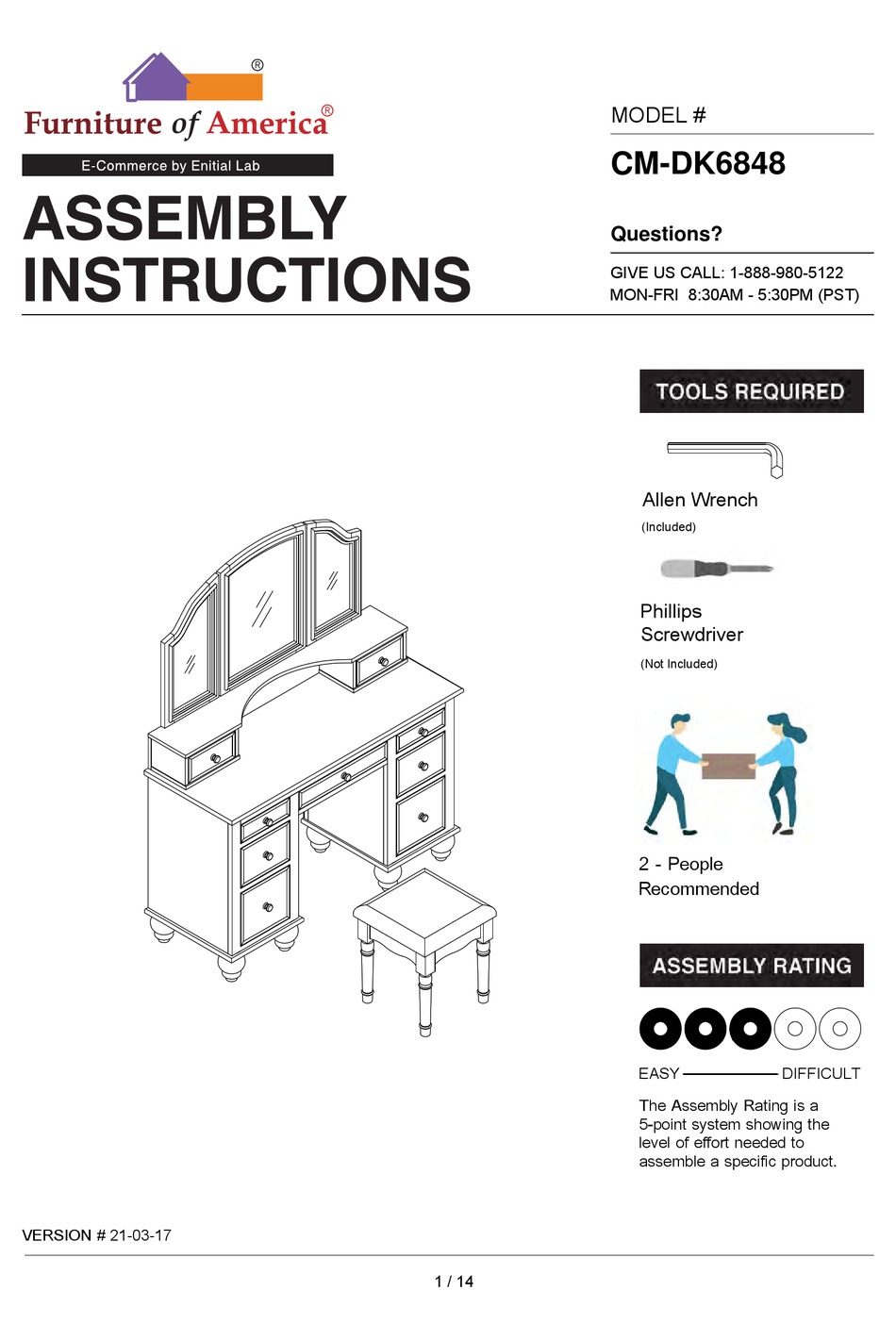 FURNITURE OF AMERICA ATHY CMDK6848 ASSEMBLY INSTRUCTIONS MANUAL Pdf