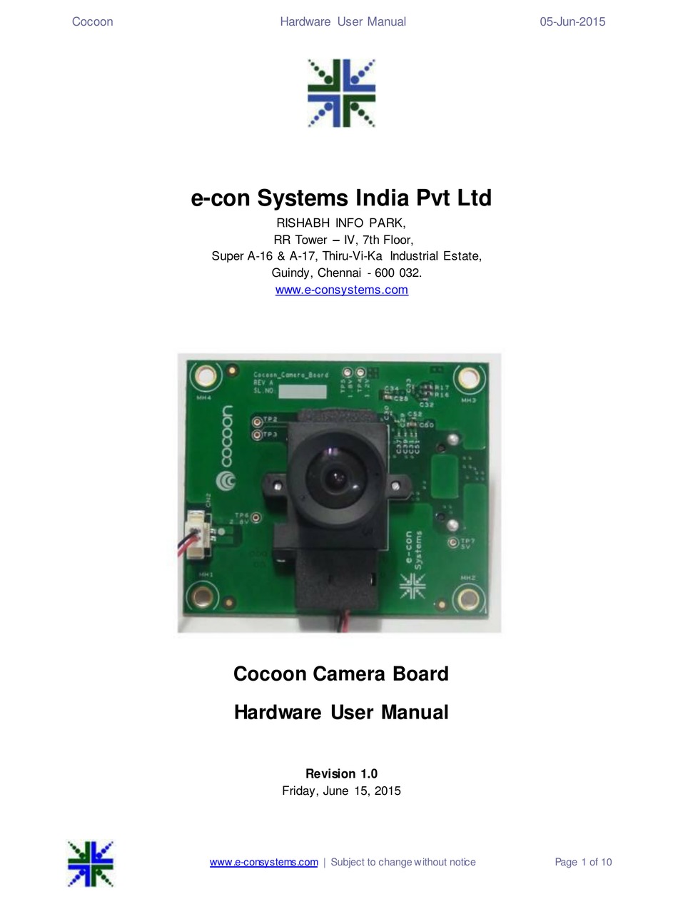 ECON SYSTEMS COCOON CAMERA BOARD HARDWARE USER MANUAL Pdf Download