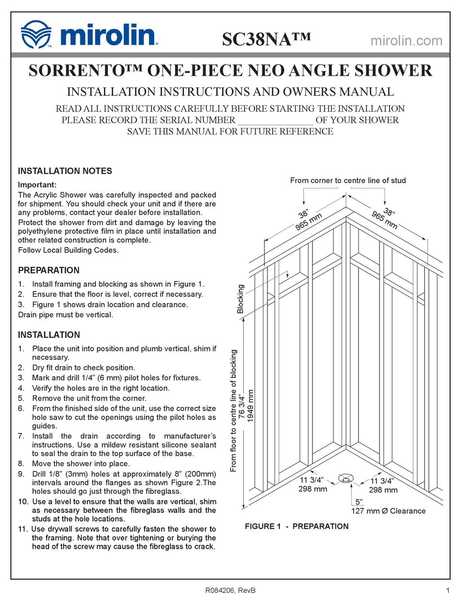 MIROLIN SORRENTO NEO INSTALLATION INSTRUCTIONS AND OWNER'S MANUAL Pdf