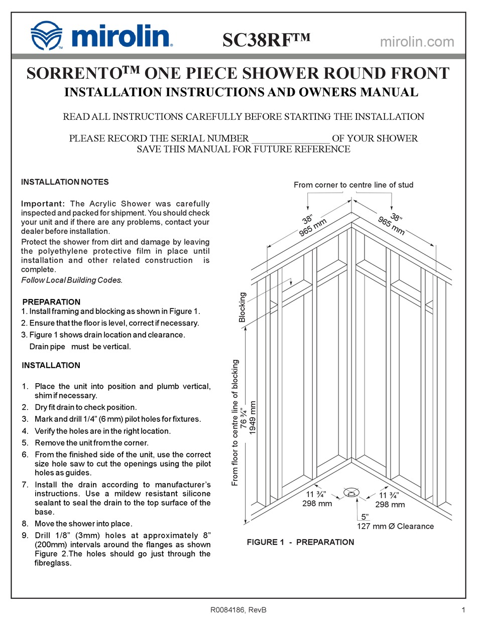 MIROLIN SORRENTO 38 INSTALLATION INSTRUCTIONS AND OWNER'S MANUAL Pdf