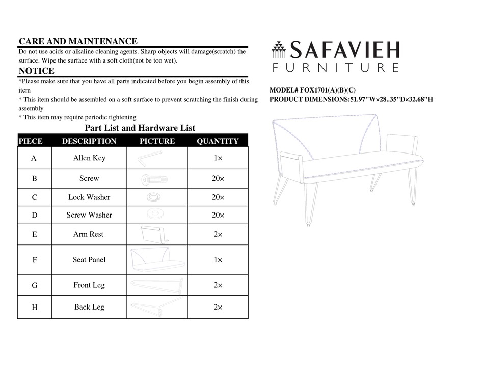 SAFAVIEH FURNITURE JOHANNES SETTEE FOX1701B ASSEMBLY INSTRUCTIONS Pdf