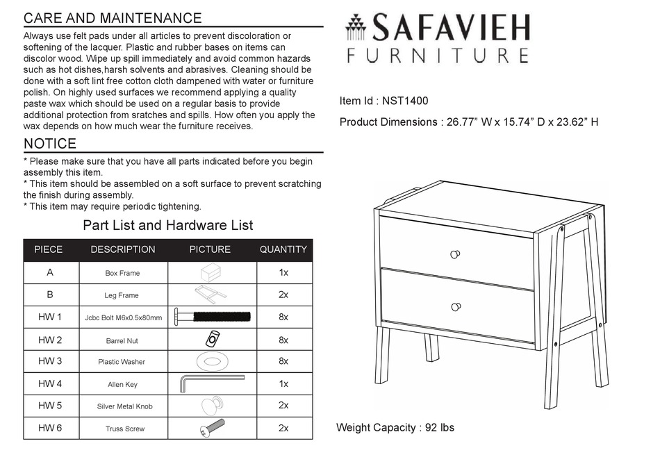 SAFAVIEH FURNITURE WINCHESTER NST1400 ASSEMBLY INSTRUCTIONS Pdf