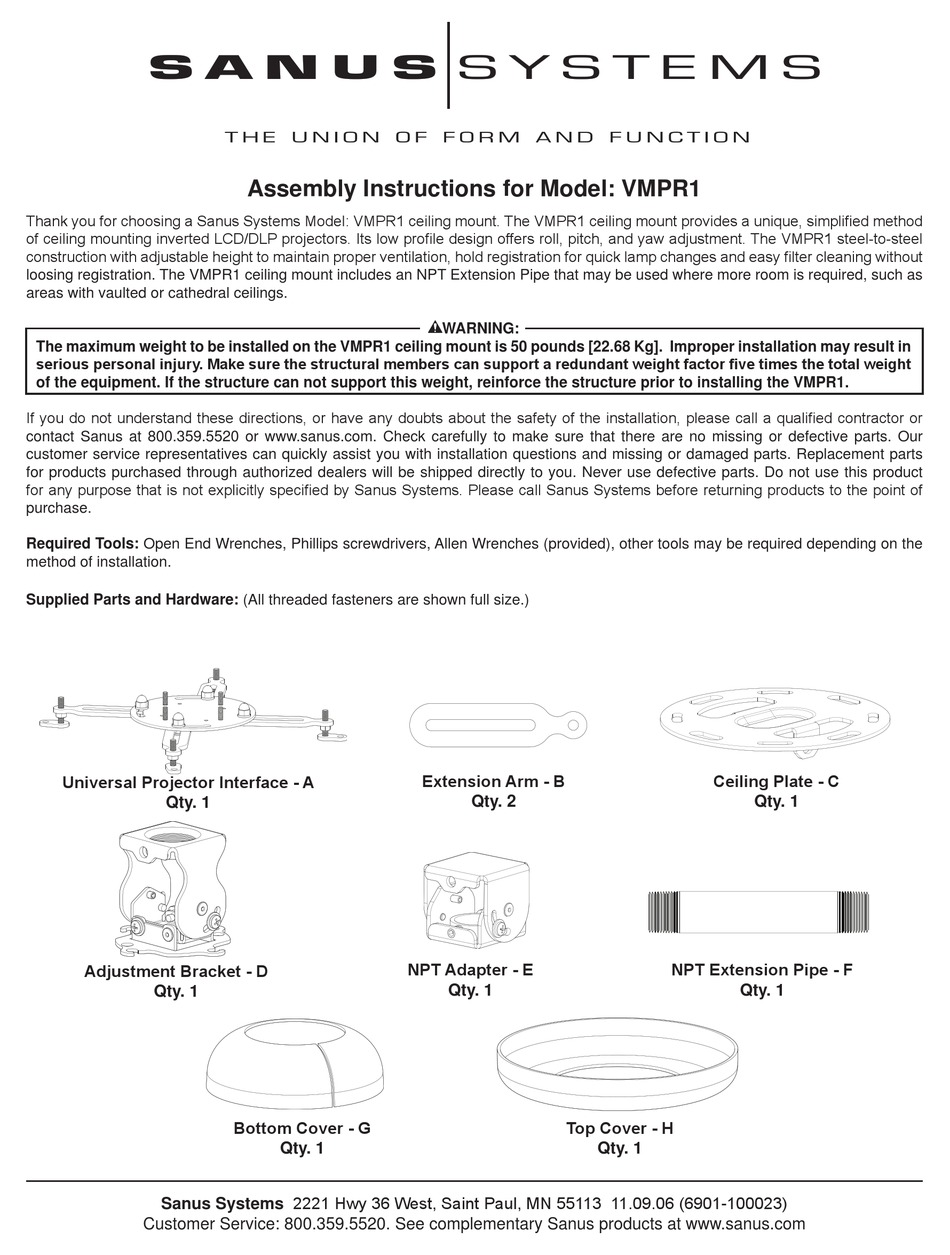 SANUS SYSTEMS VMPR1 ASSEMBLY INSTRUCTIONS MANUAL Pdf Download ManualsLib