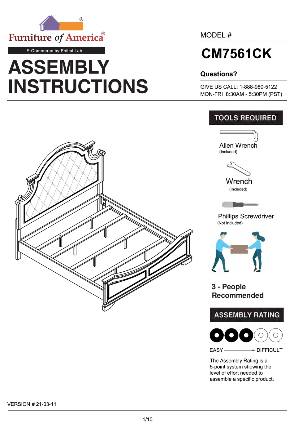ENITIAL LAB FURNITURE OF AMERICA CM7561CK ASSEMBLY INSTRUCTIONS MANUAL