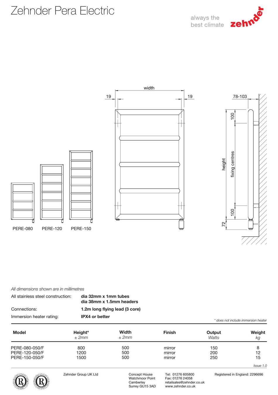 ZEHNDER RITTLING PERA ELECTRIC PERE080050/F QUICK START MANUAL Pdf