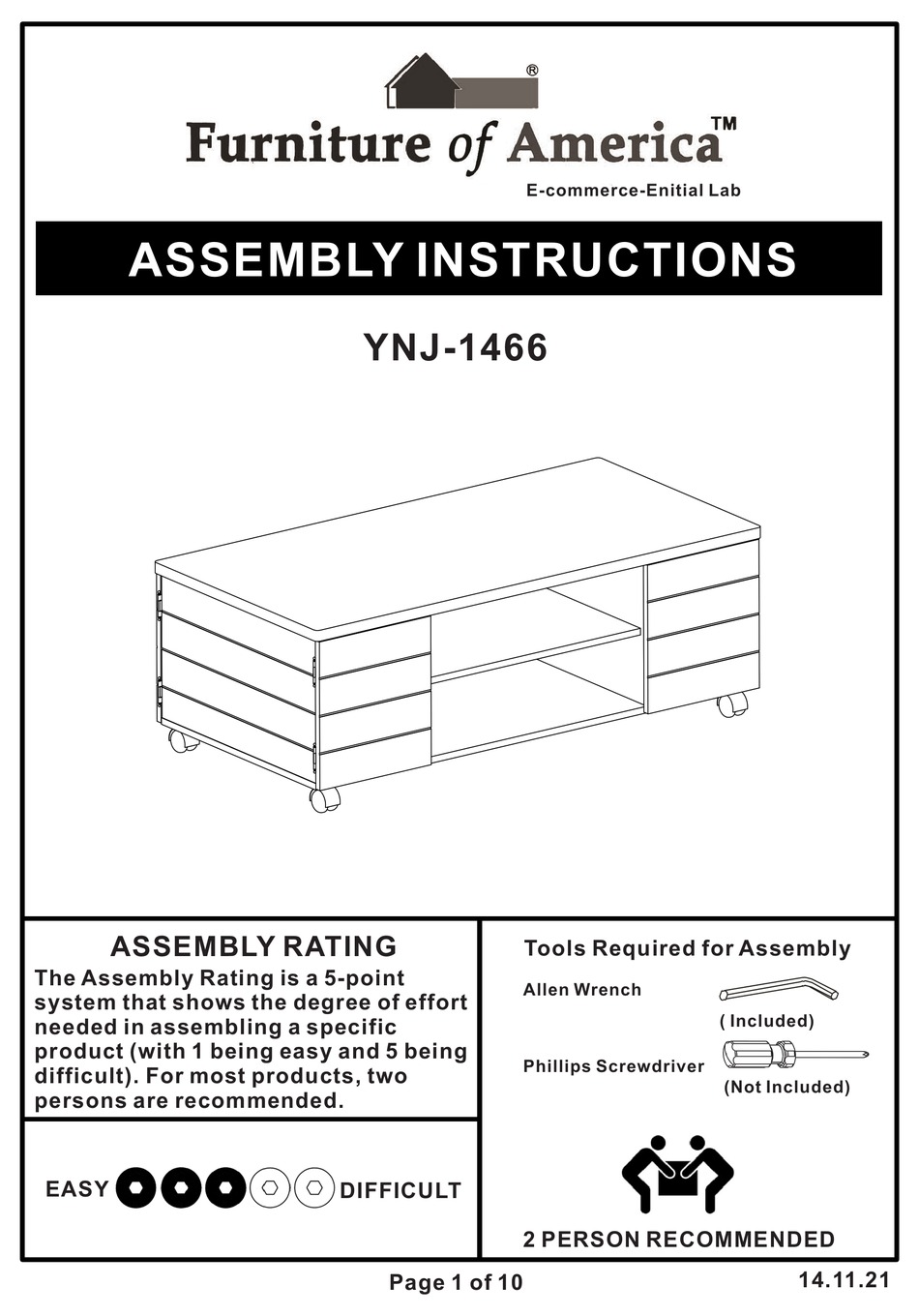 ENITIAL LAB FURNITURE OF AMERICA YNJ1466 ASSEMBLY INSTRUCTIONS MANUAL