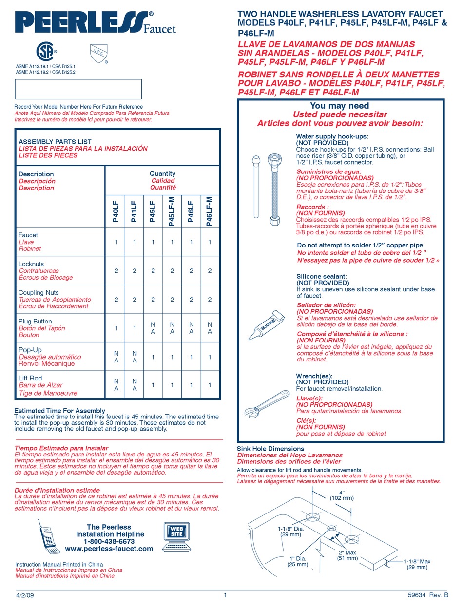PEERLESS FAUCET P40LF QUICK START MANUAL Pdf Download ManualsLib