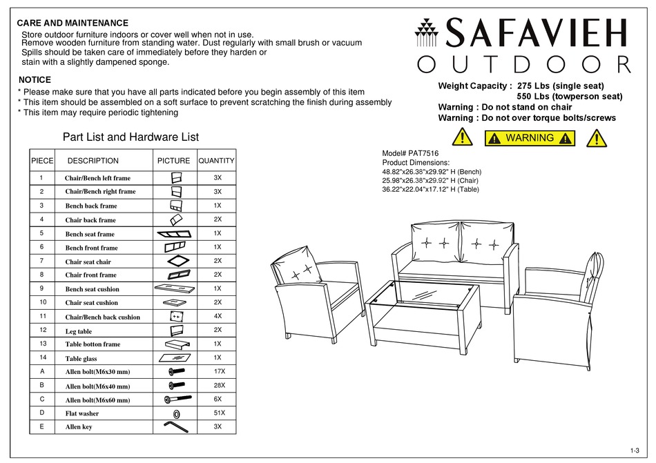 SAFAVIEH OUTDOOR VELLOR PAT7516 ASSEMBLY INSTRUCTIONS MANUAL Pdf