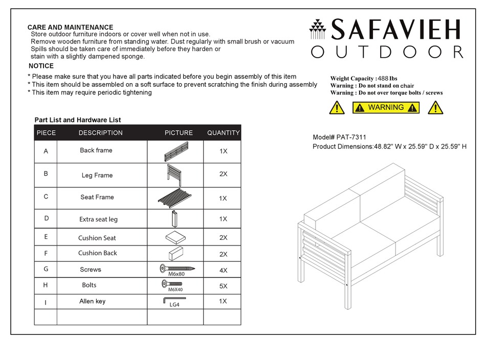 SAFAVIEH OUTDOOR KINNELL PAT7311 ASSEMBLY INSTRUCTIONS MANUAL Pdf