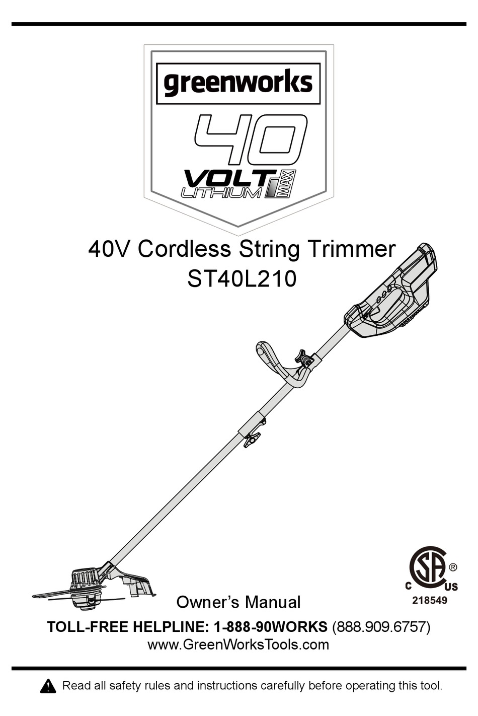 GREENWORKS TOOLS ST40L210 OWNER'S MANUAL Pdf Download ManualsLib
