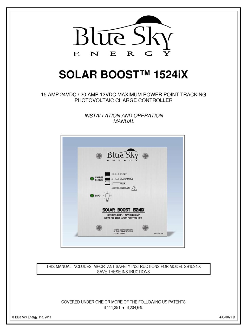 BLUE SKY ENERGY SOLAR BOOST 1524IX INSTALLATION AND OPERATION MANUAL