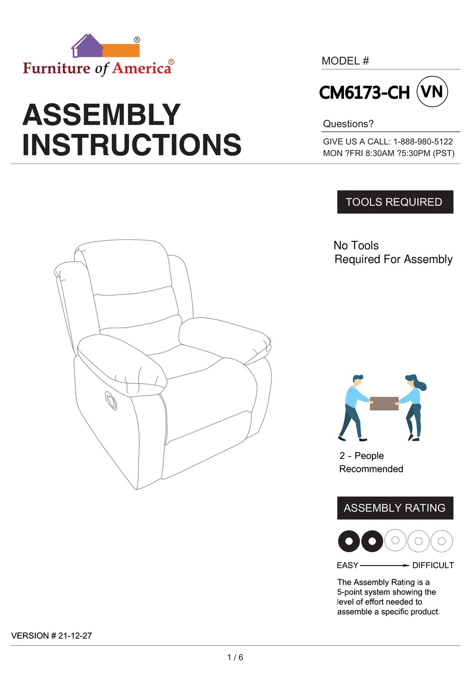 FURNITURE OF AMERICA MILLVILLE CM6173CH ASSEMBLY INSTRUCTIONS MANUAL