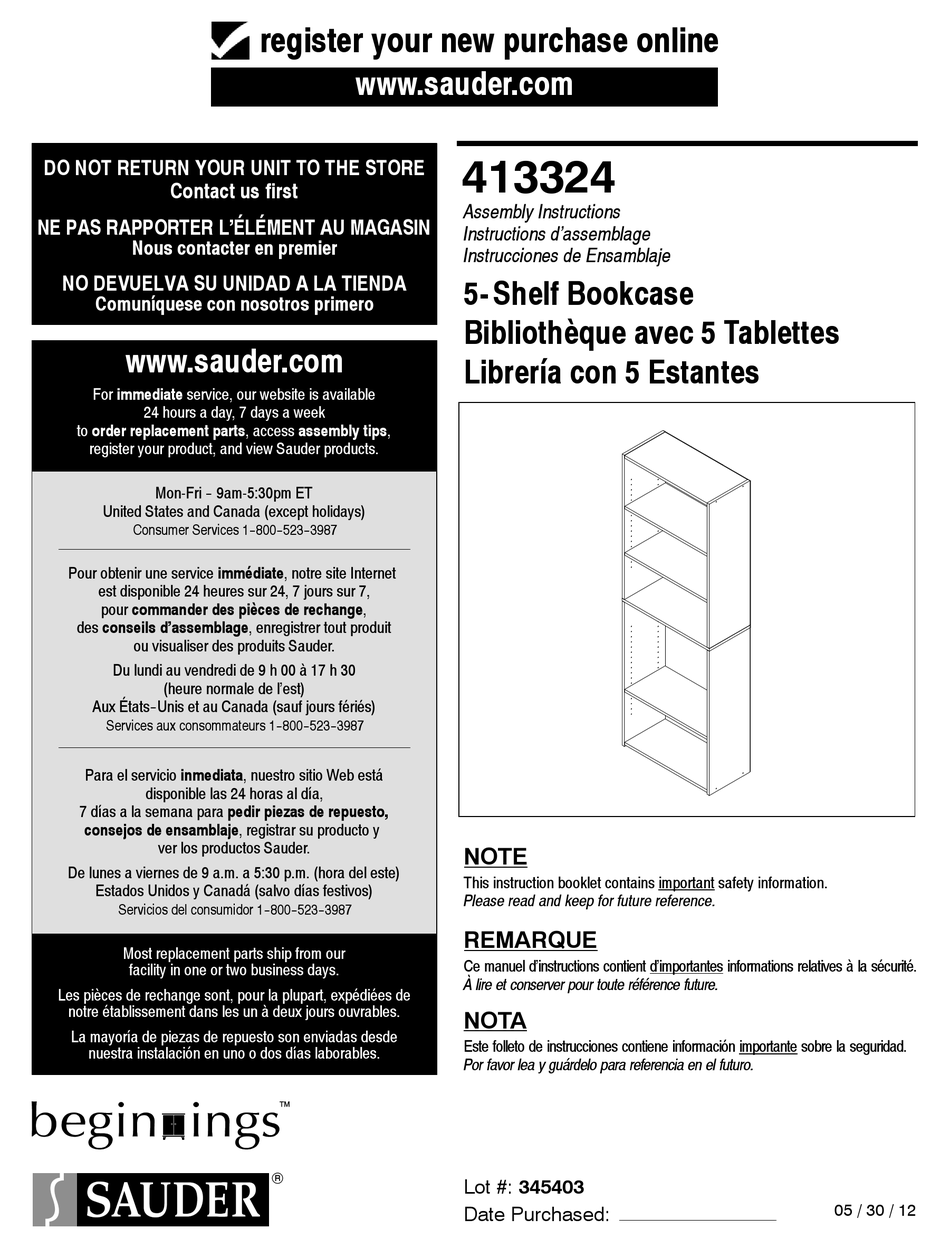 SAUDER BEGINNINGS 413324 ASSEMBLY INSTRUCTIONS MANUAL Pdf Download