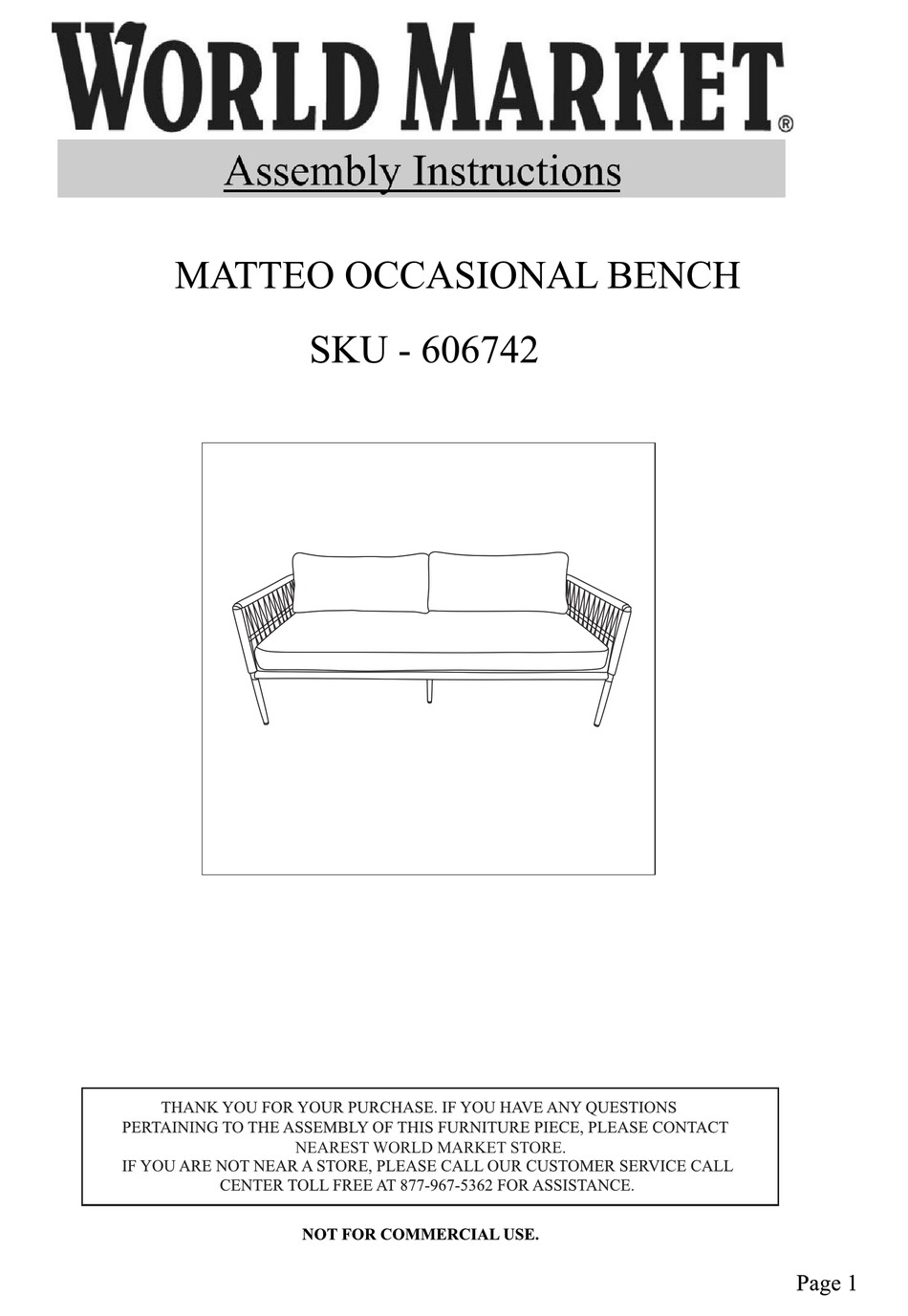WORLD MARKET MATTEO OCCASIONAL BENCH 606742 ASSEMBLY INSTRUCTIONS
