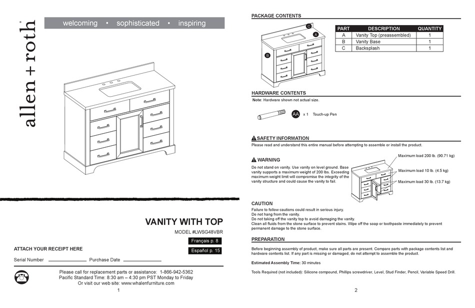 ALLEN + ROTH LWSG48VBR ASSEMBLY INSTRUCTIONS MANUAL Pdf Download ...