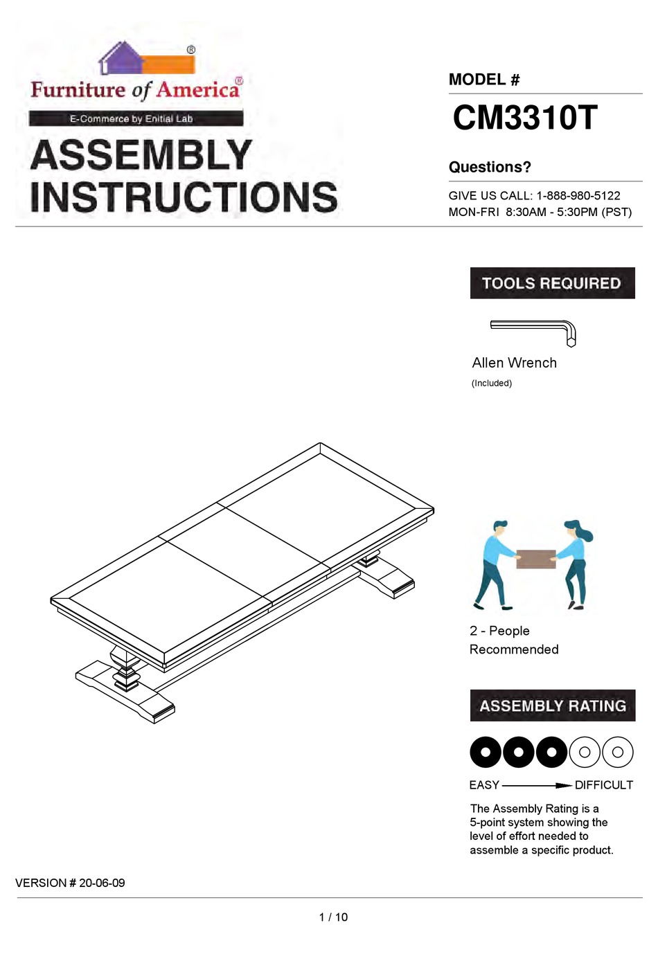 ENITIAL LAB FURNITURE OF AMERICA CM3310T ASSEMBLY INSTRUCTIONS MANUAL