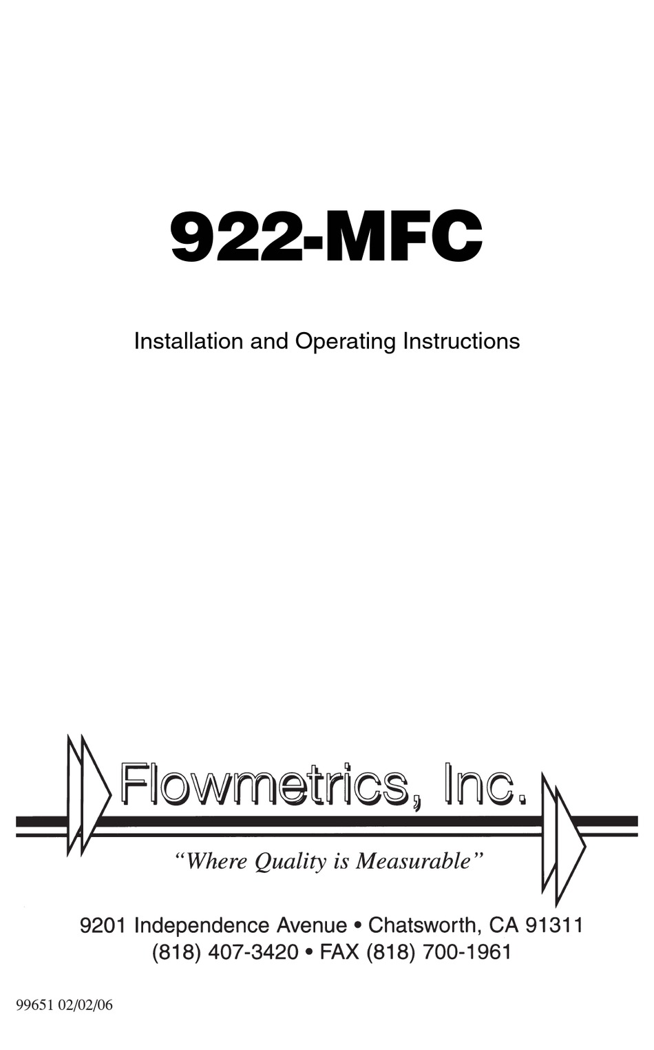 FLOWMETRICS 922MFC INSTALLATION AND OPERATING INSTRUCTIONS MANUAL Pdf