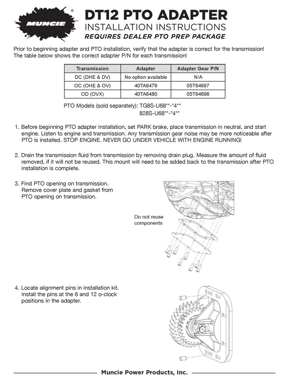 MUNCIE DT12 PTO INSTALLATION INSTRUCTIONS Pdf Download | ManualsLib