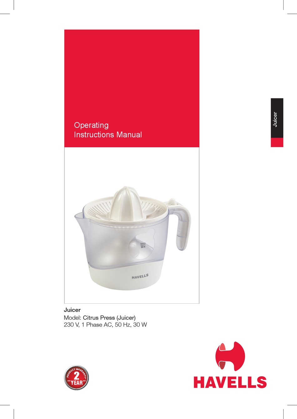 HAVELLS CITRUS PRESS OPERATING INSTRUCTIONS Pdf Download ManualsLib
