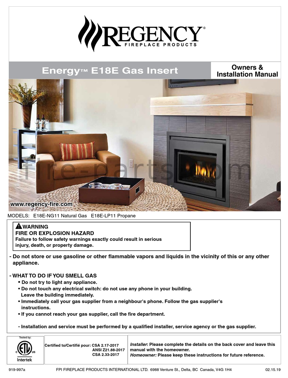 REGENCY FIREPLACE PRODUCTS ENERGY E18E OWNERS & INSTALLATION MANUAL Pdf