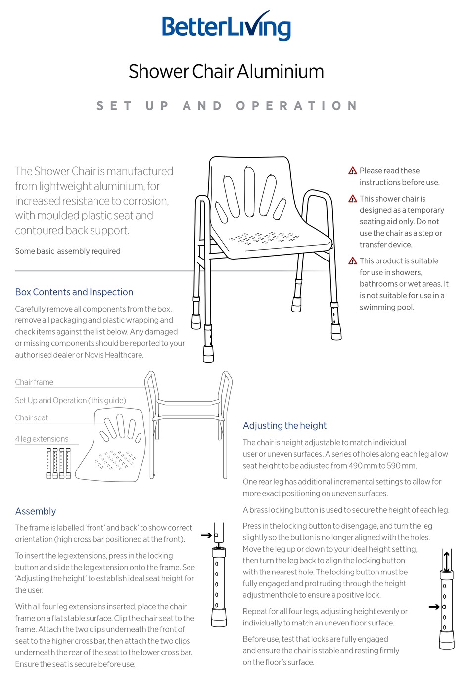 BETTERLIVING SHOWER CHAIR ALUMINIUM SETUP AND OPERATION Pdf Download