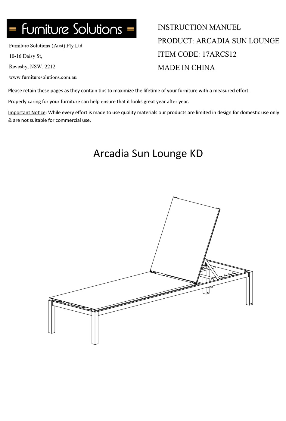 FURNITURE SOLUTIONS ARCADIA 17ARCS12 INSTRUCTION MANUAL Pdf Download