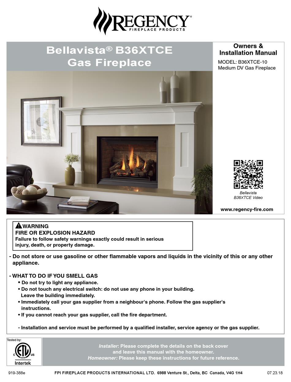 REGENCY FIREPLACE PRODUCTS BELLAVISTA B36XTCE10 OWNERS & INSTALLATION MANUAL Pdf Download