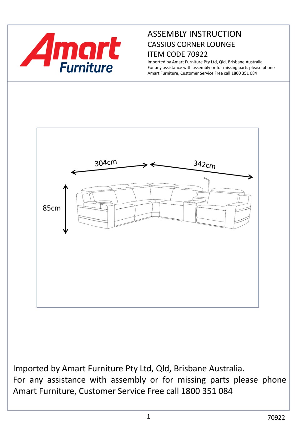 AMART FURNITURE CASSIUS CORNER LOUNGE 70922 ASSEMBLY INSTRUCTION MANUAL