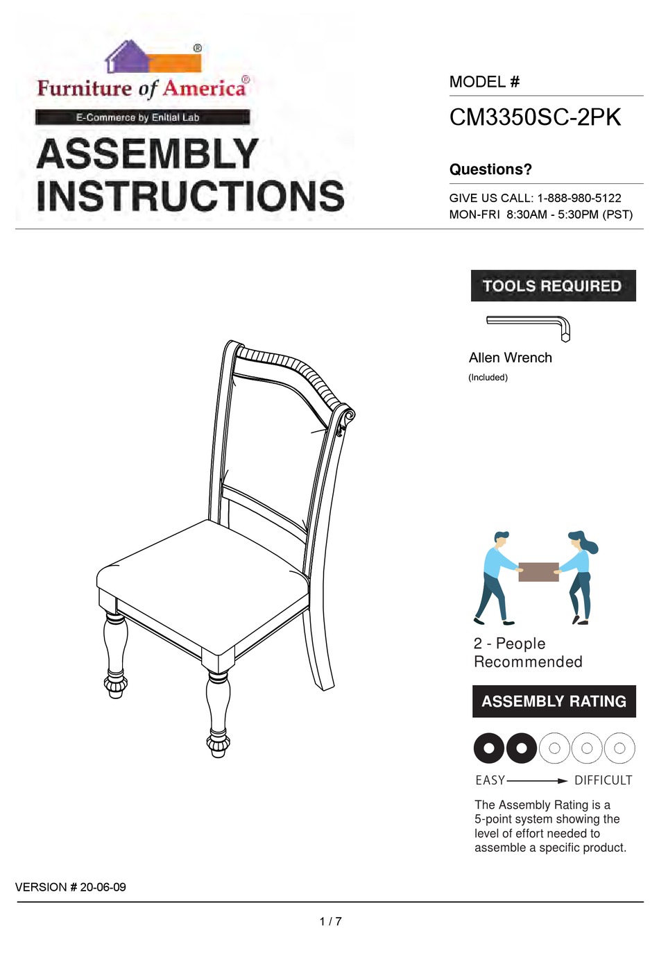 FURNITURE OF AMERICA CM3350SC2PK ASSEMBLY INSTRUCTIONS MANUAL Pdf