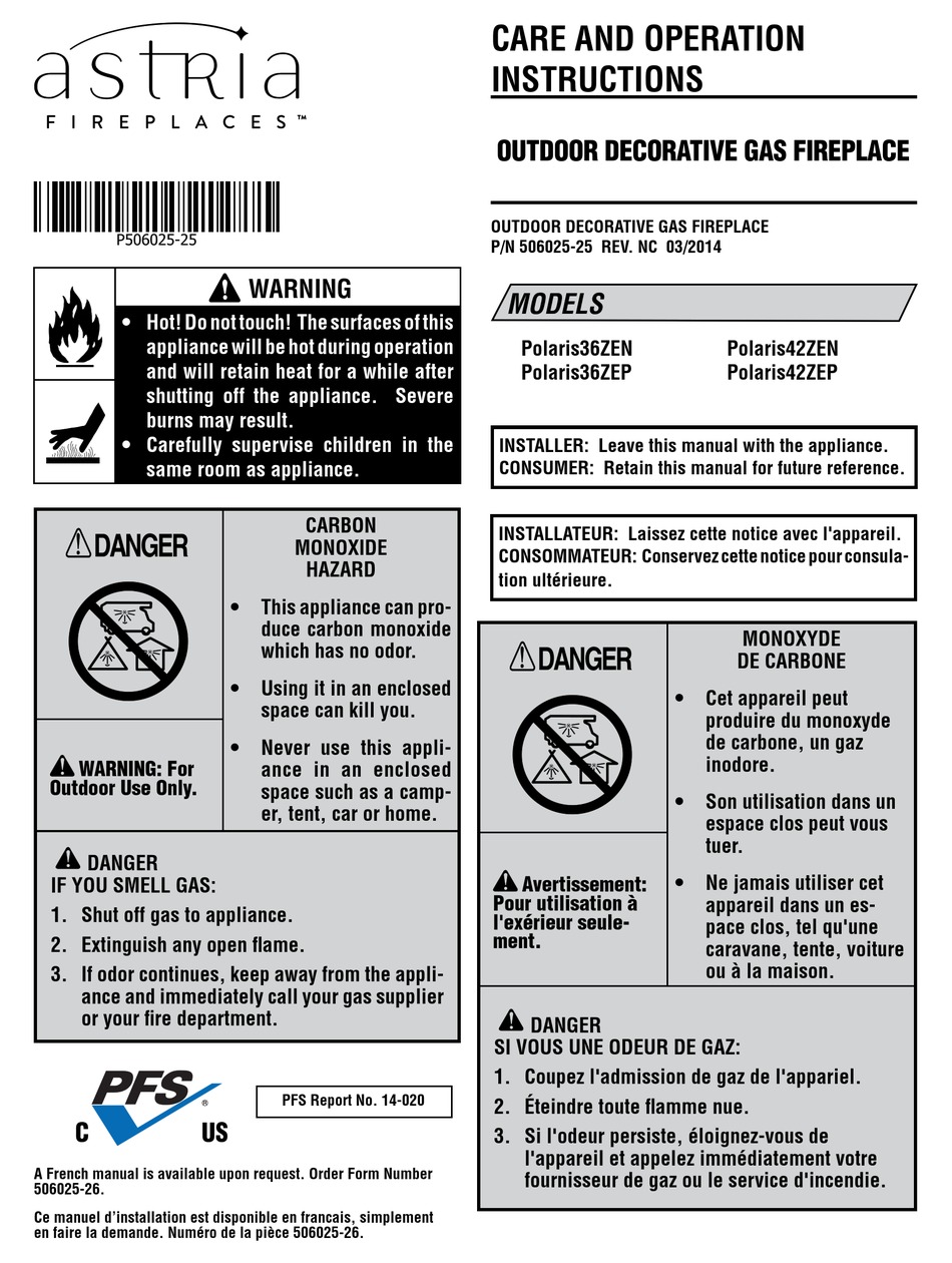 ASTRIA FIREPLACES POLARIS42ZEN CARE AND OPERATION INSTRUCTIONS MANUAL