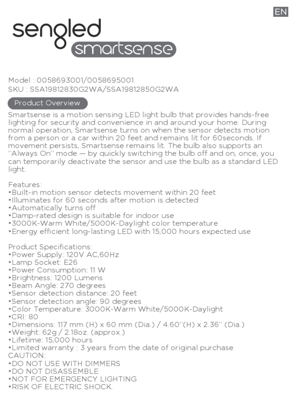 SENGLED SMARTSENSE 0058693001 MANUAL Pdf Download ManualsLib