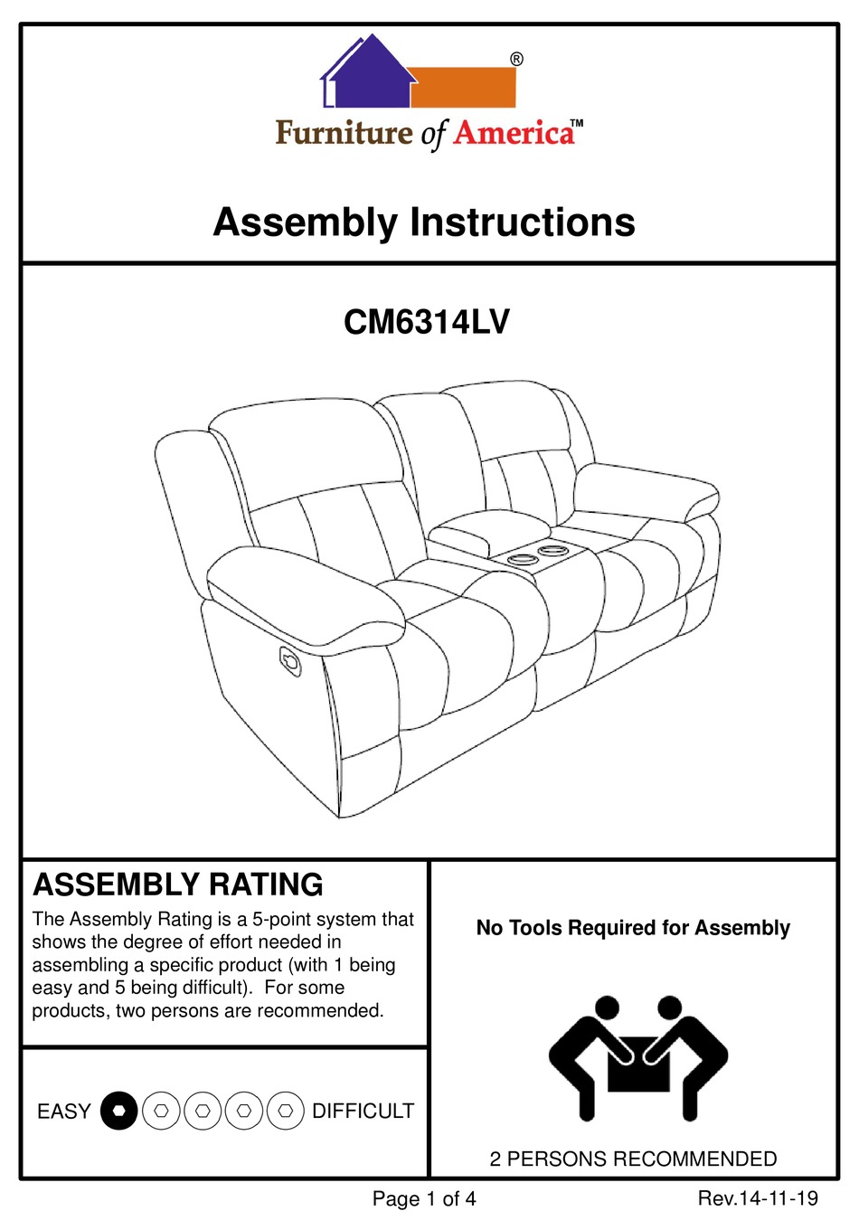 FURNITURE OF AMERICA CM6314LV ASSEMBLY INSTRUCTIONS Pdf Download