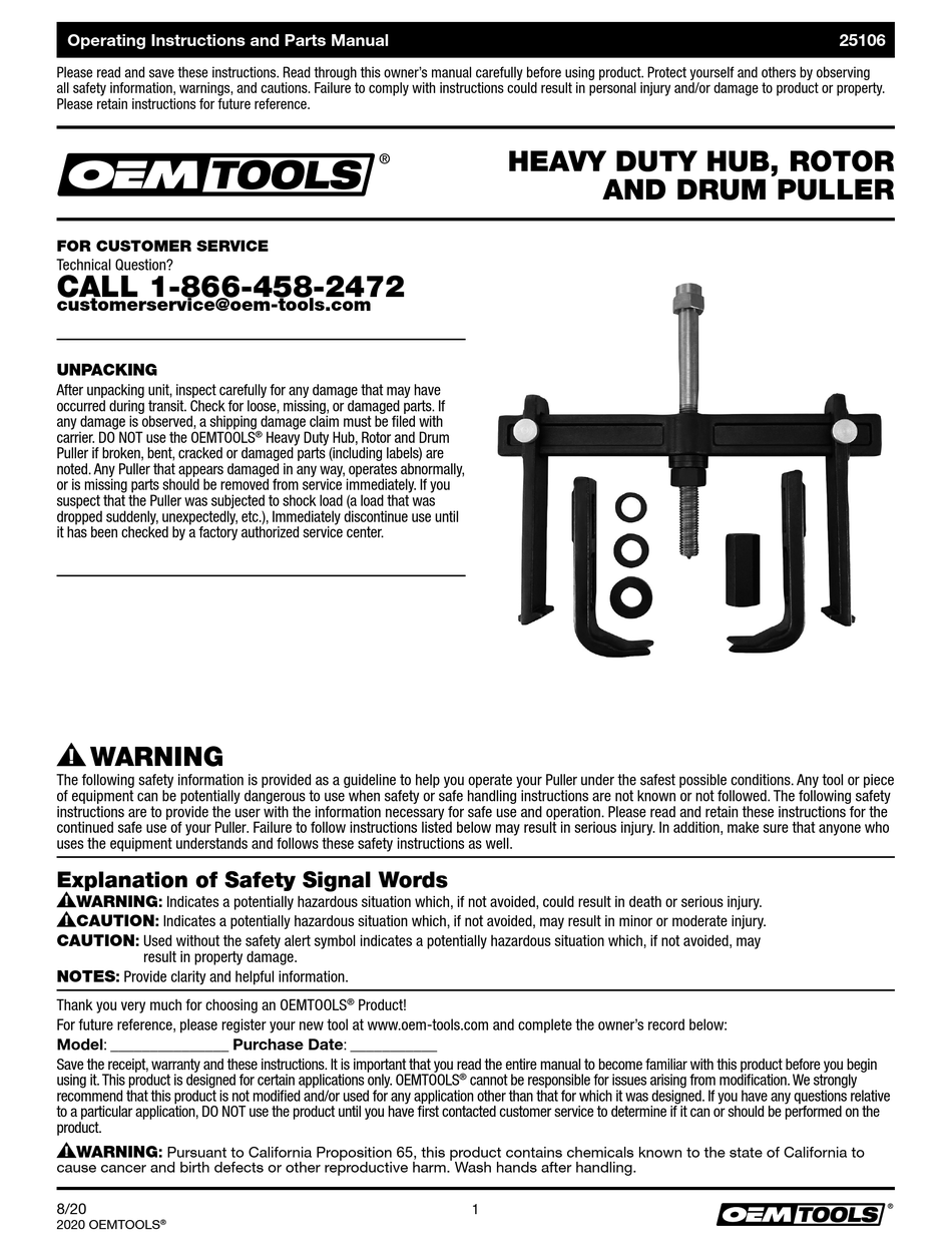 OEM TOOLS 25106 OPERATING INSTRUCTIONS AND PARTS MANUAL Pdf Download