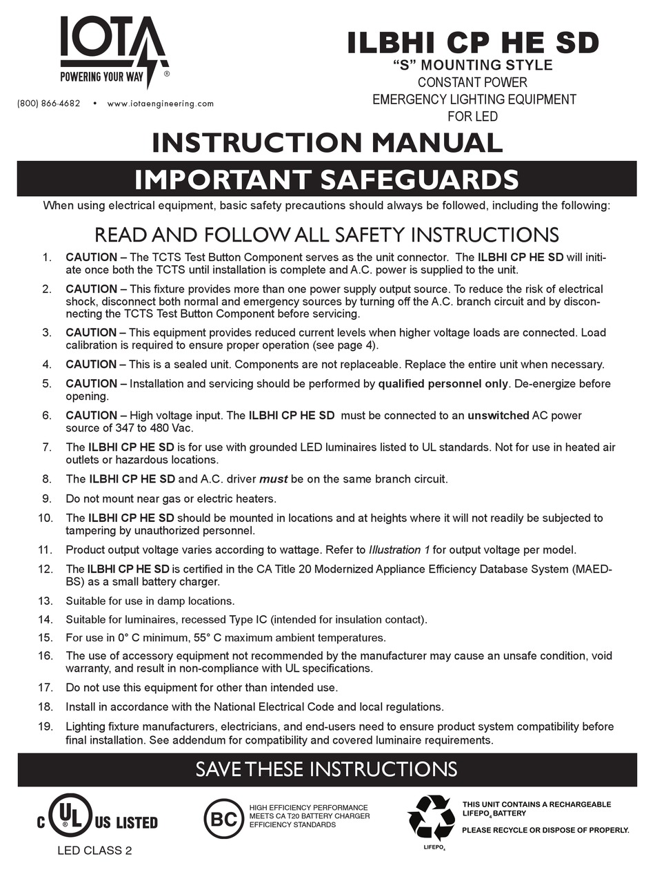 IOTA ILBHI CP HE SD INSTRUCTION MANUAL Pdf Download | ManualsLib