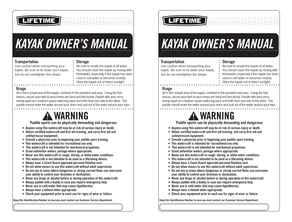 LIFETIME KAYAK OWNER'S MANUAL Pdf Download ManualsLib
