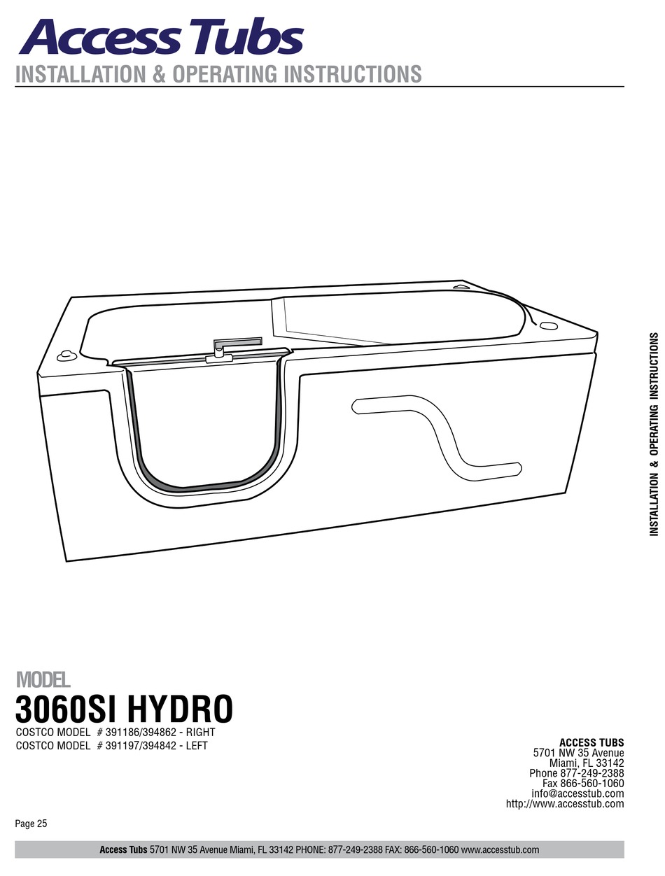 ACCESS TUBS 3060SI HYDRO INSTALLATION & OPERATING INSTRUCTIONS MANUAL