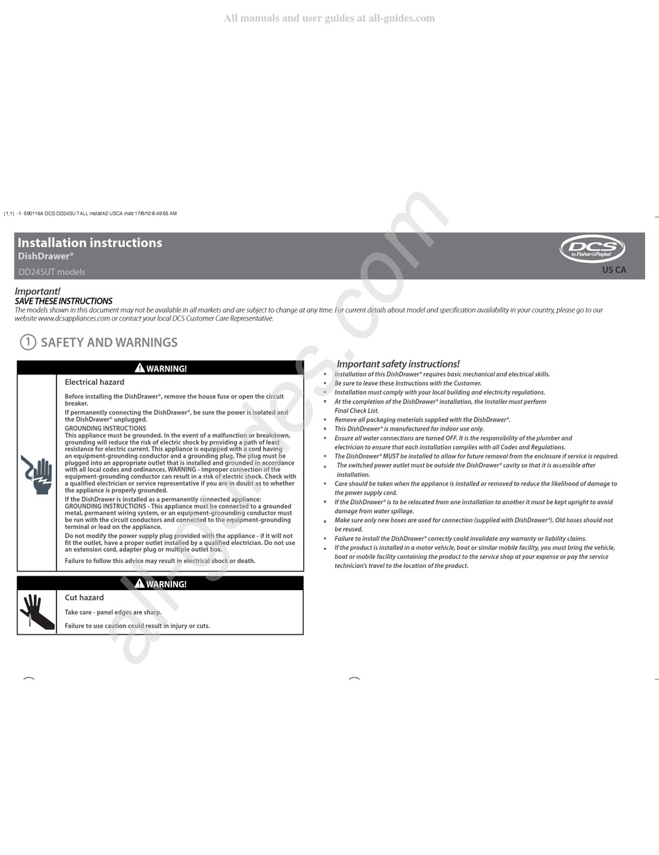 FISHER & PAYKEL DCS DD24SU INSTALLATION INSTRUCTIONS MANUAL Pdf Download ManualsLib