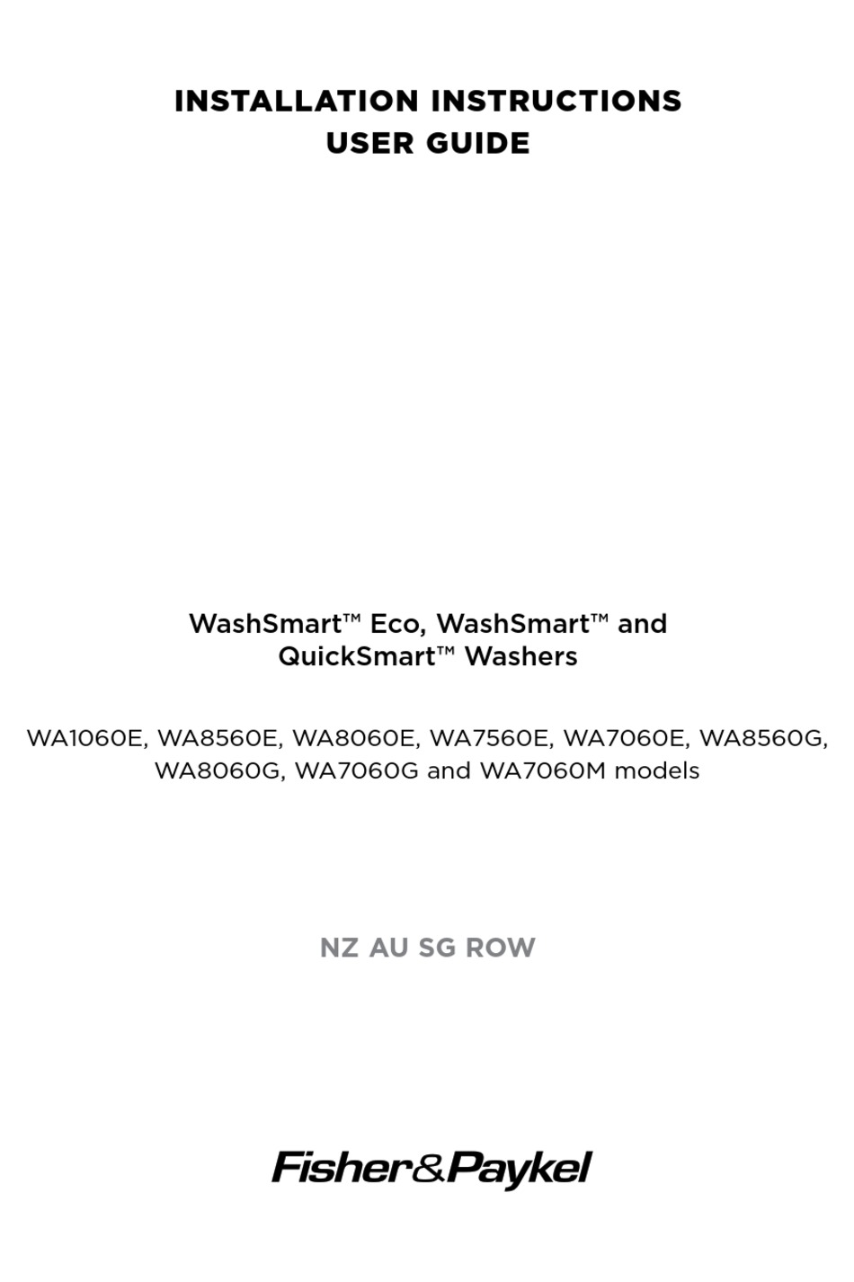 FISHER & PAYKEL WASHSMART ECO INSTALLATION INSTRUCTIONS & USER MANUAL