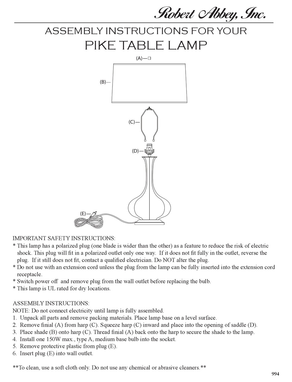ROBERT ABBEY PIKE TABLE LAMP ASSEMBLY INSTRUCTIONS Pdf Download