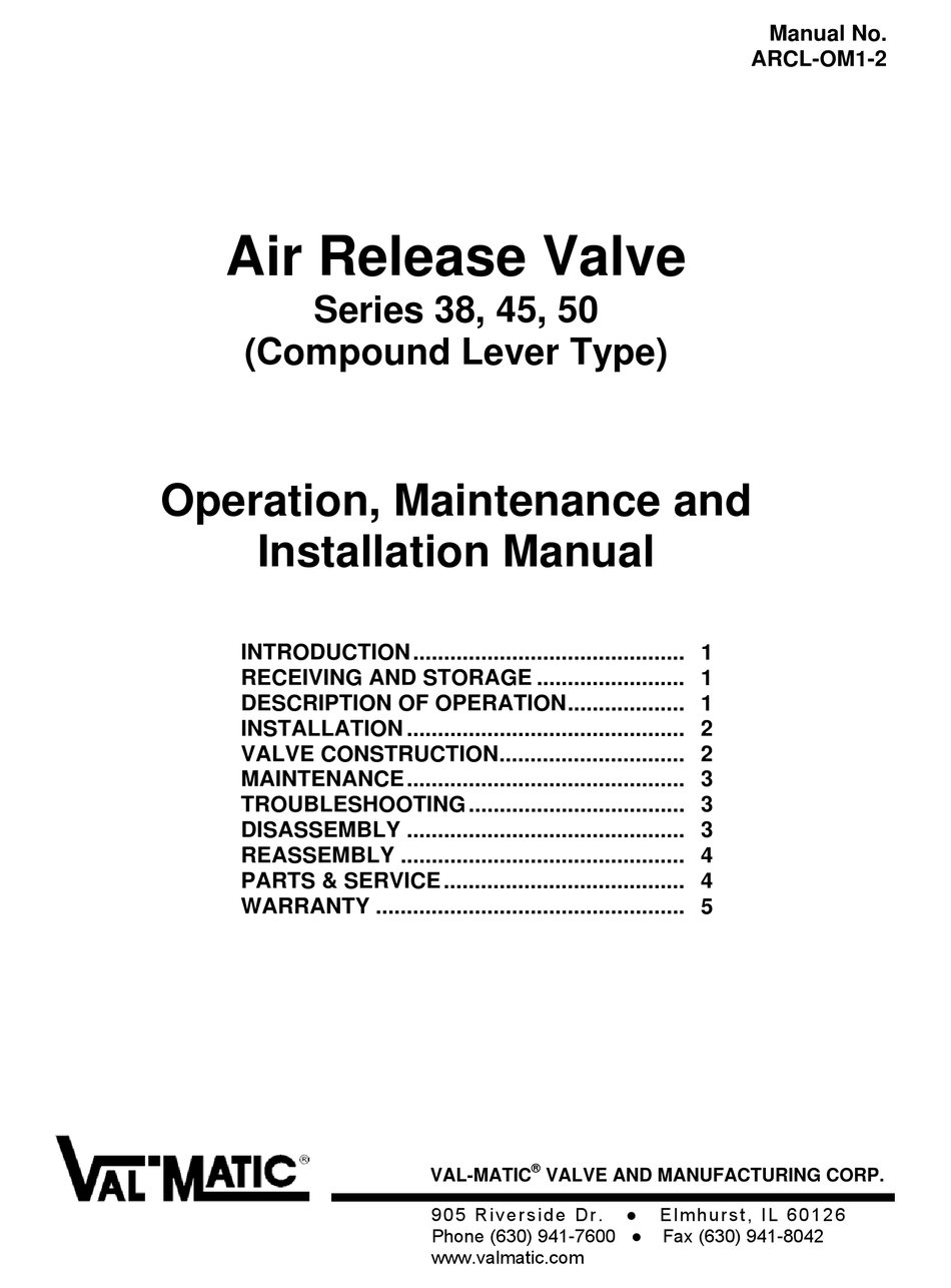 VAL-MATIC 38 SERIES OPERATION, MAINTENANCE AND INSTALLATION MANUAL Pdf ...