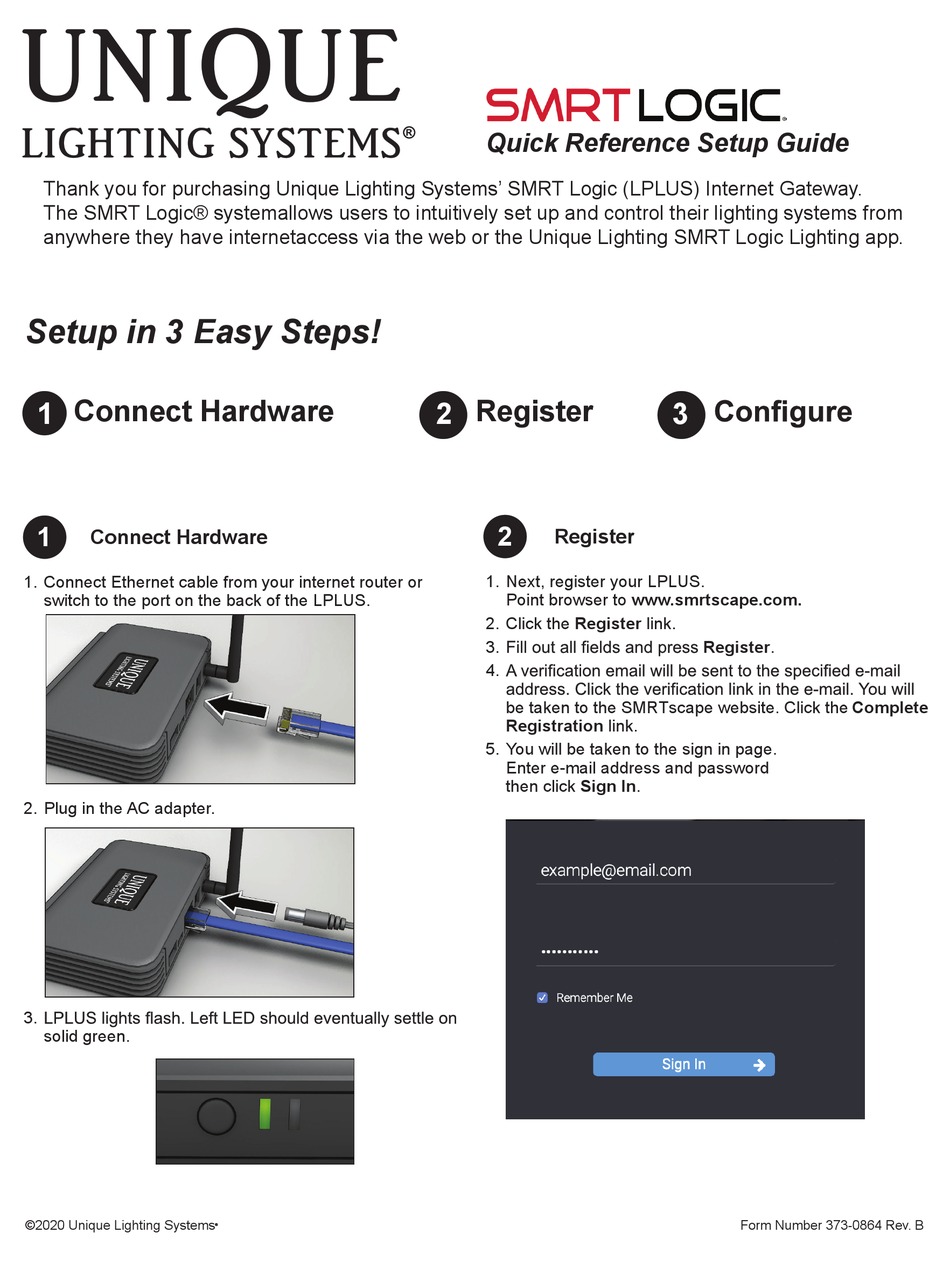 UNIQUE LIGHTING SYSTEMS SMRT LOGIC LPLUS QUICK REFERENCE & SETUP MANUAL