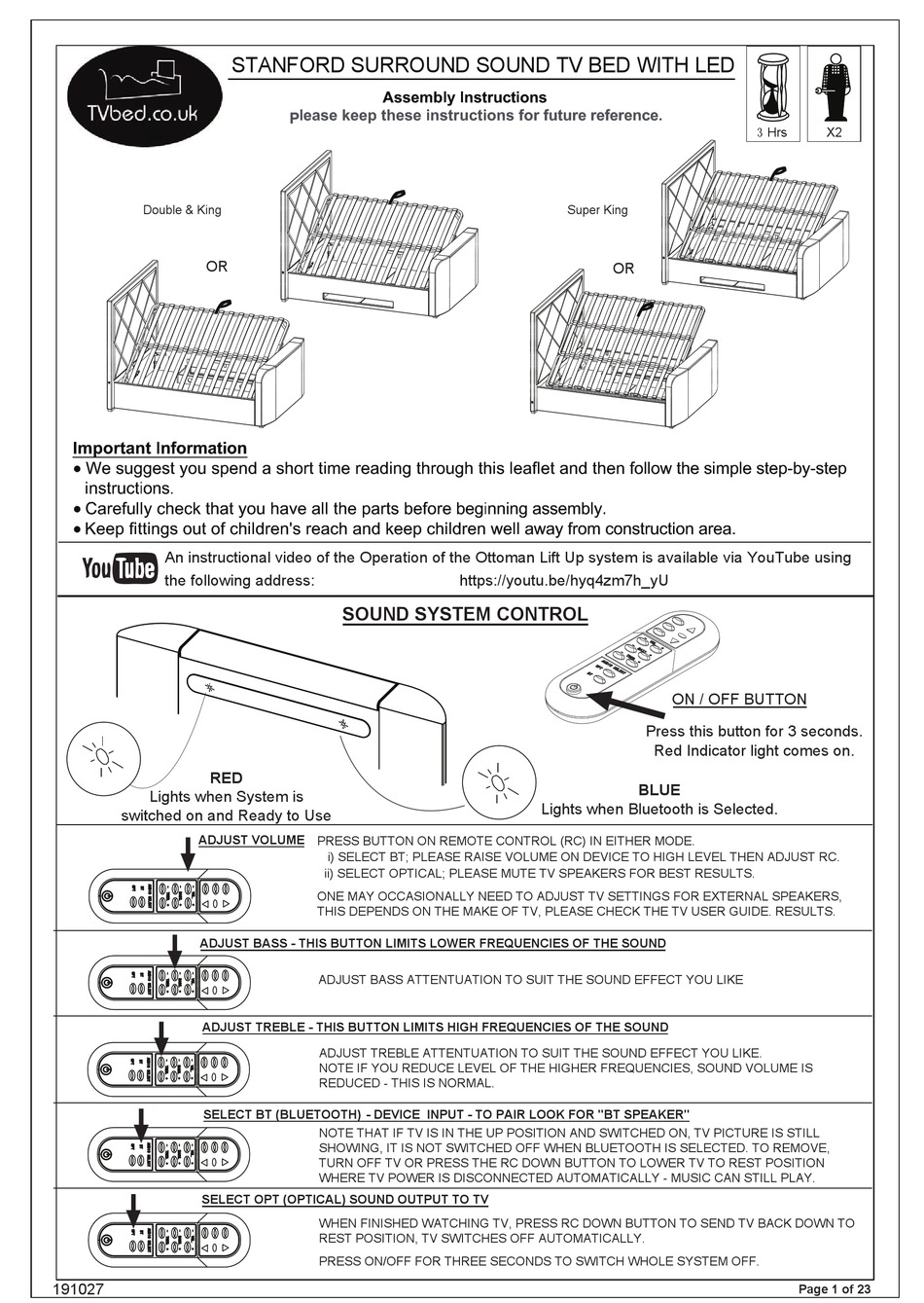 TV BED STANFORD SURROUND SOUND WITH LED ASSEMBLY INSTRUCTIONS MANUAL