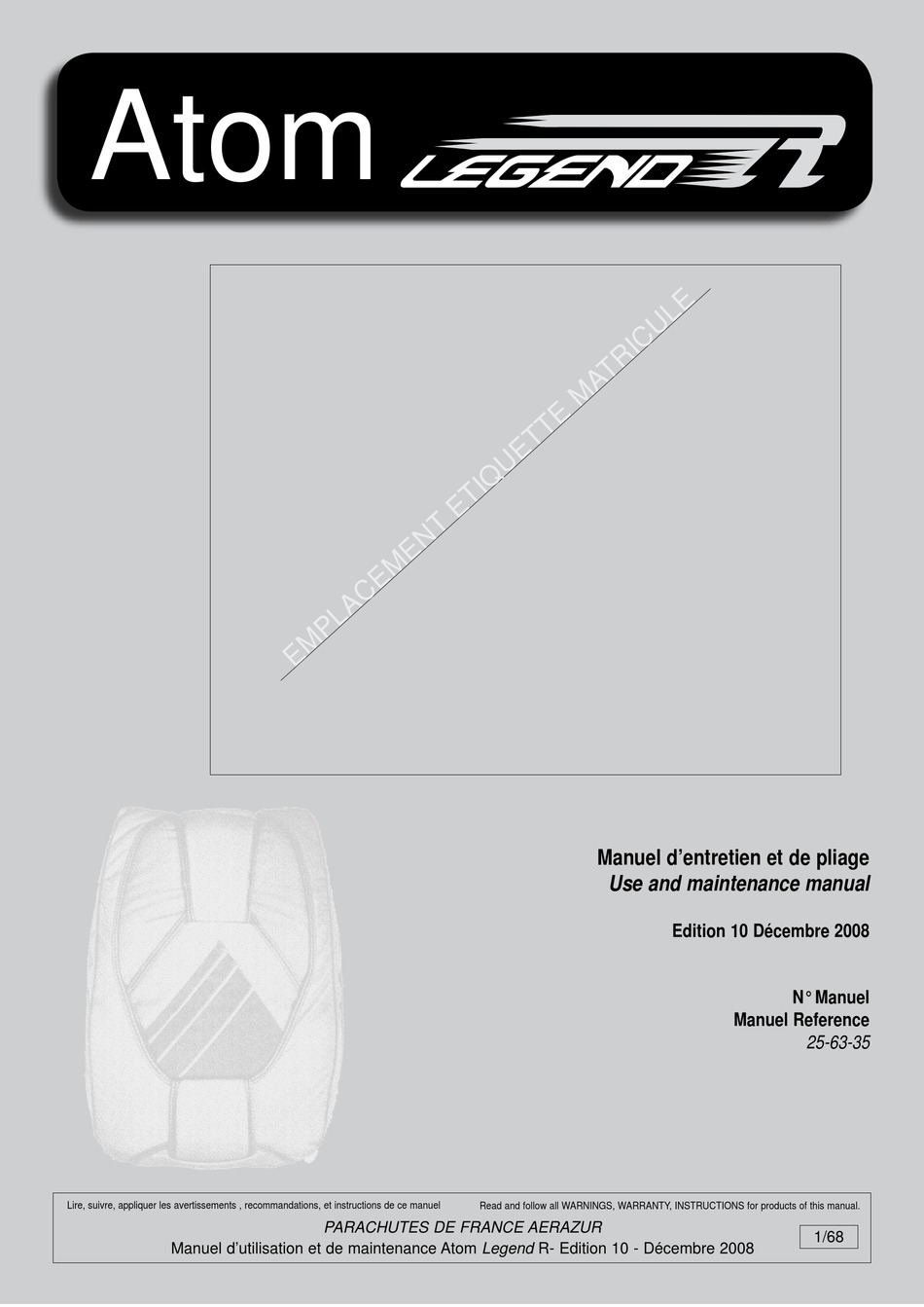 PARACHUTES DE FRANCE ATOM LEGEND R USE AND MAINTENANCE MANUAL Pdf ...